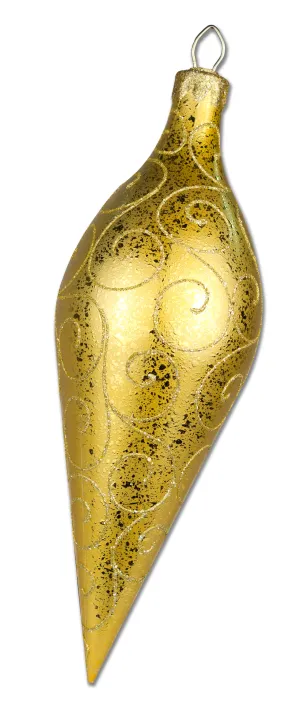 16" Finial Ornament Gold with Gold Glitter Swirl