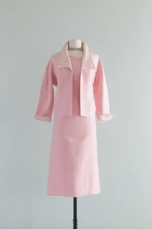 1950's Pink Silk Two Piece Dress Set With Jacket / Medium