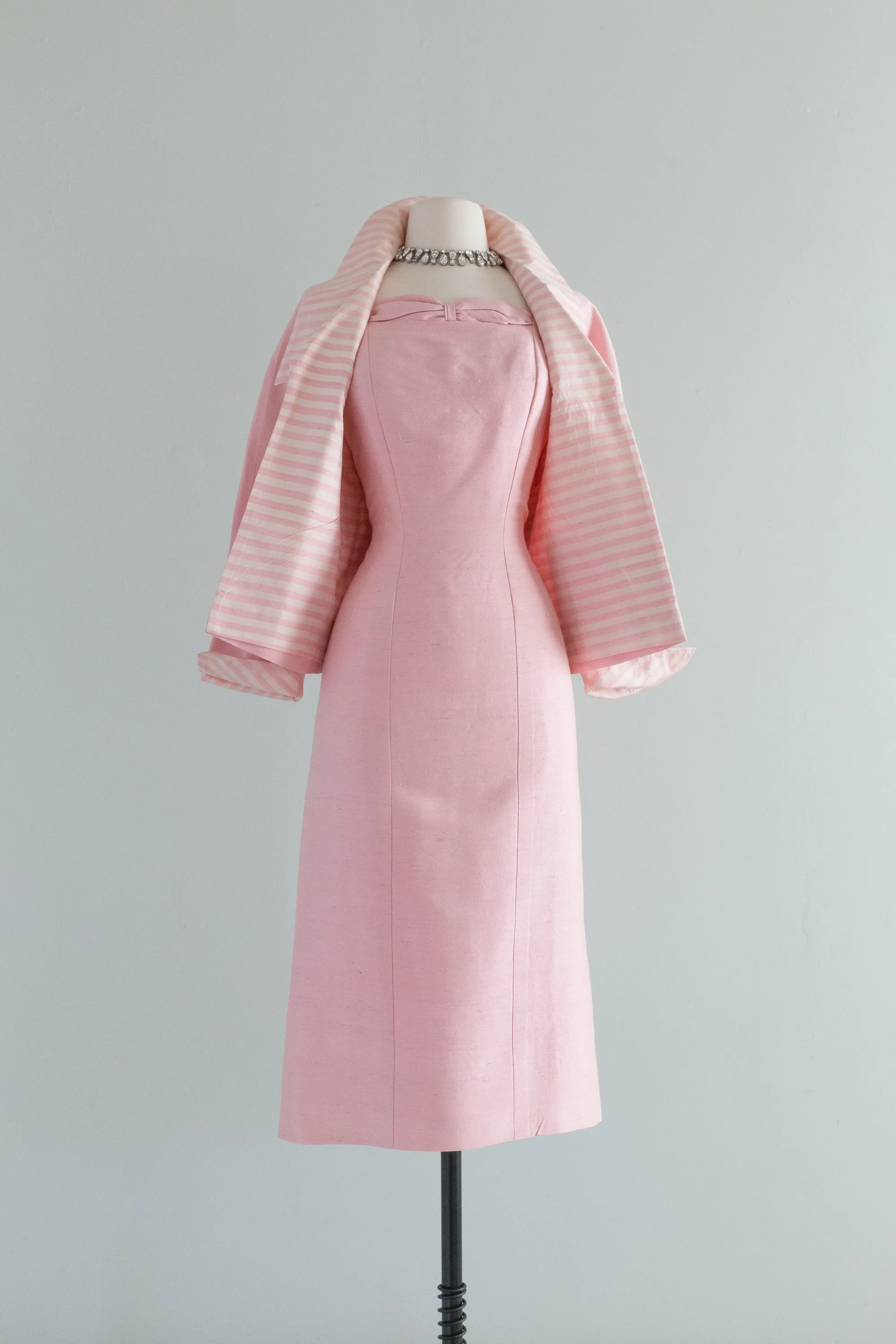 1950's Pink Silk Two Piece Dress Set With Jacket / Medium