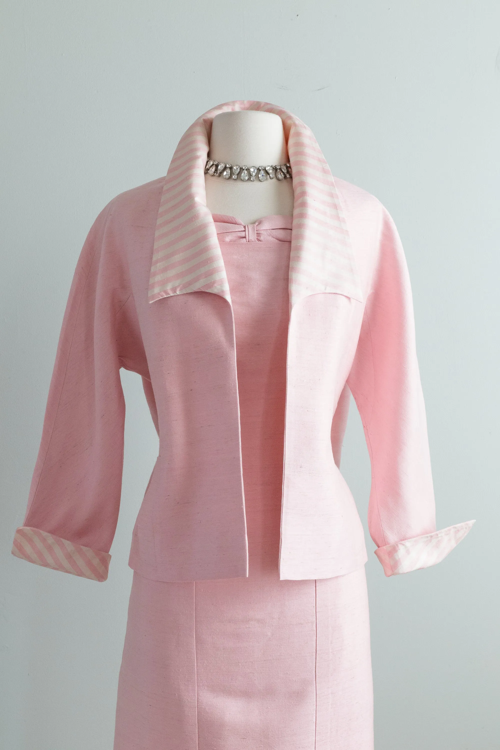 1950's Pink Silk Two Piece Dress Set With Jacket / Medium