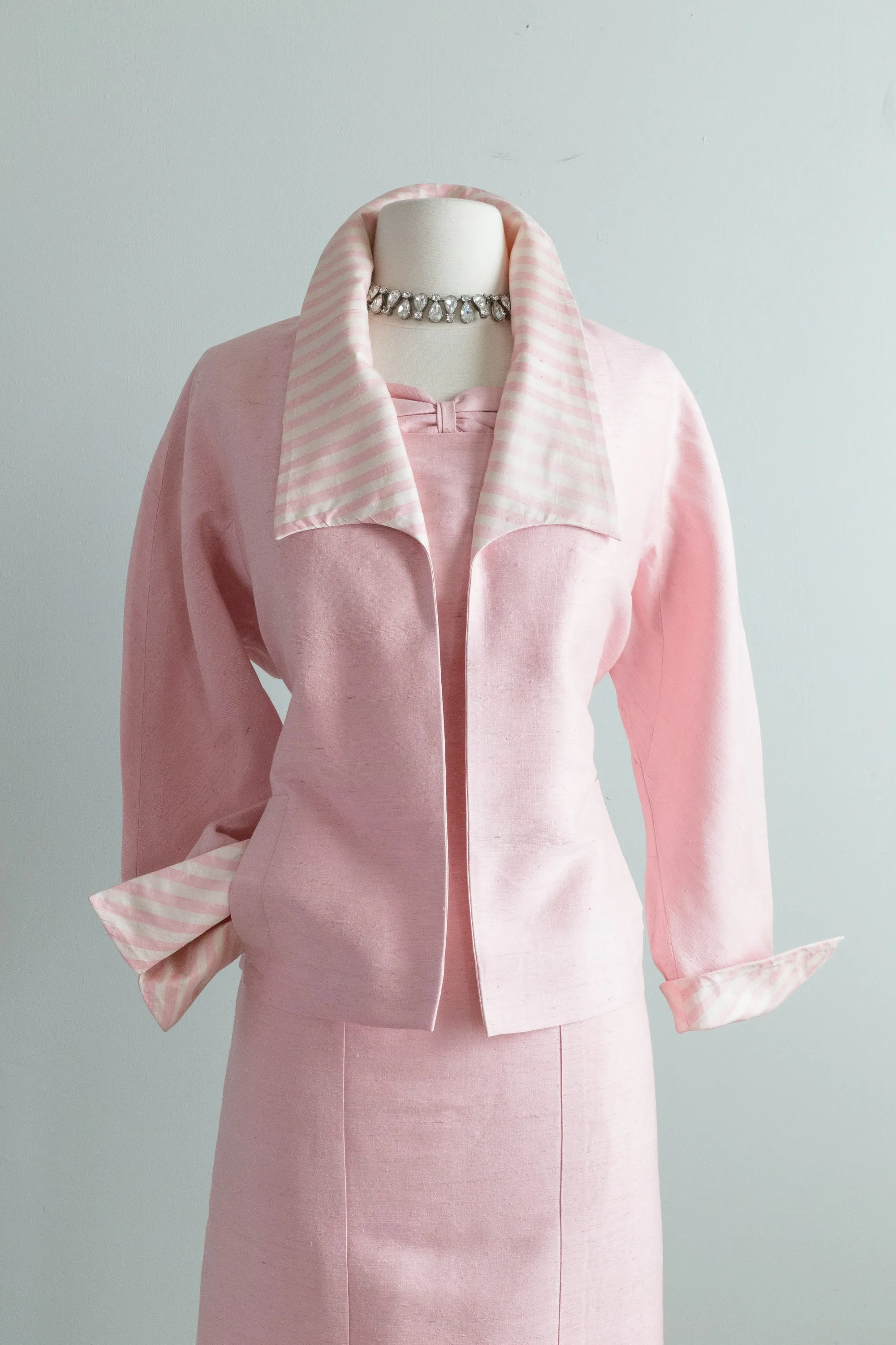 1950's Pink Silk Two Piece Dress Set With Jacket / Medium