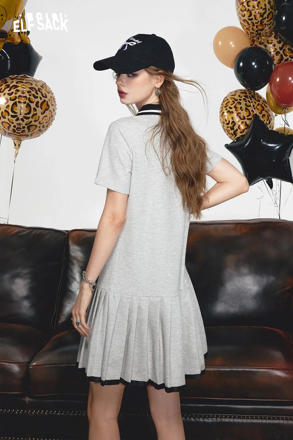 2024 Summer ELFSACK New Arrivals Grey Polo Collar College Style Casual Pleated T-shirt Dress for Women