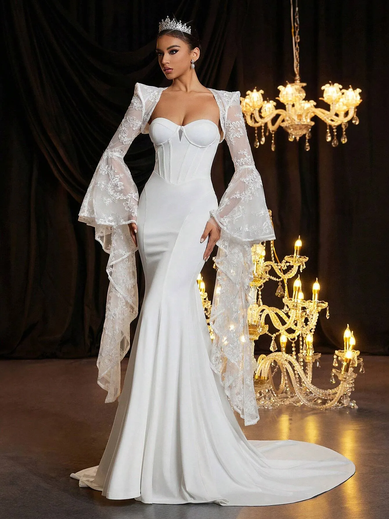 2pcs/Set Elegant White Lace Bridal Gown With Exaggerated Extra Long Batwing Sleeve Shawl, Satin Texture, High Waist Slim-Fit Fish Tail Train Wedding Dress