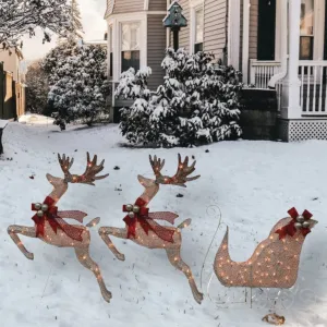 3-Piece Pre-Lit Reindeer & Sleigh Glitter Mesh Yard Art