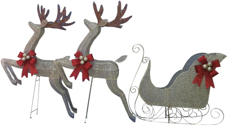 3-Piece Pre-Lit Reindeer & Sleigh Glitter Mesh Yard Art