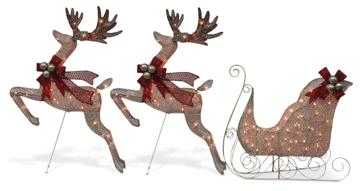 3-Piece Pre-Lit Reindeer & Sleigh Glitter Mesh Yard Art