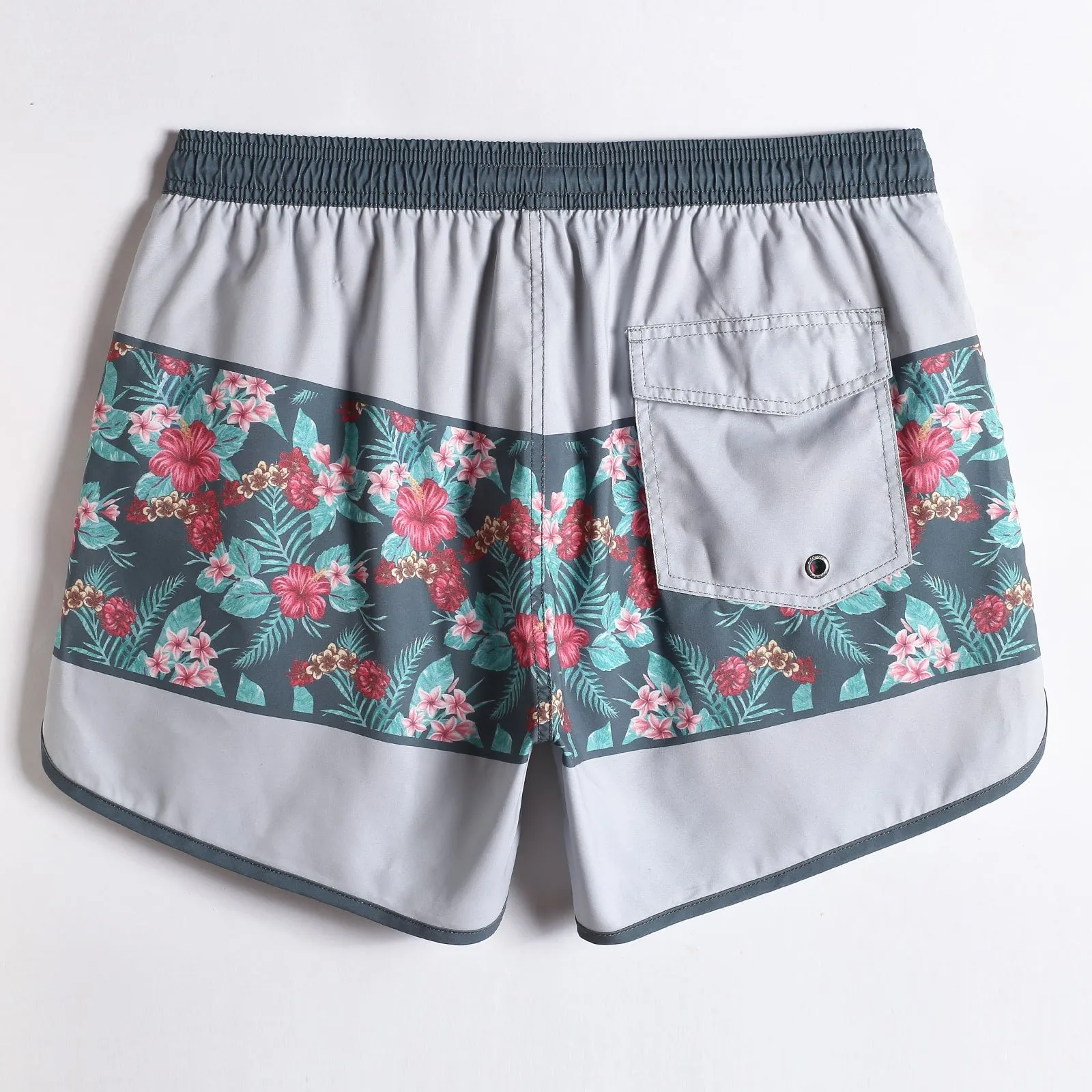 4.5 Inch Inseam Vintage Grey Montage Hibiscus Swim Trunks