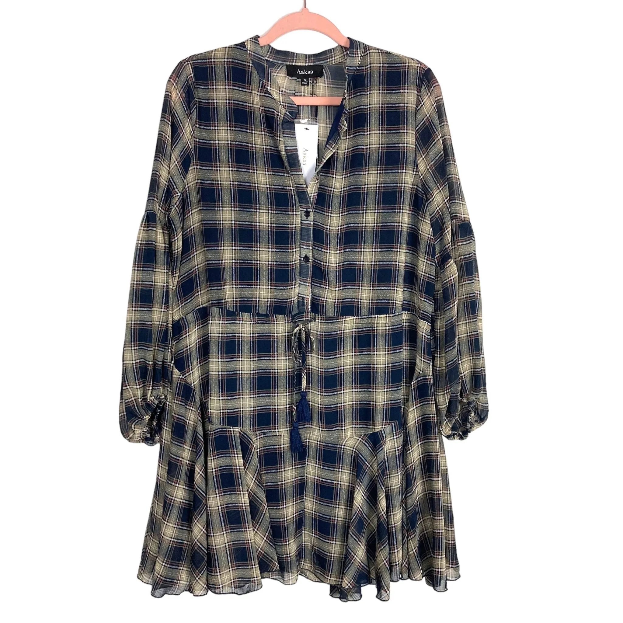 Aakaa Navy/Mocha Plaid with Drawstring Waist and Sheer Back Sleeves Dress NWT- Size S