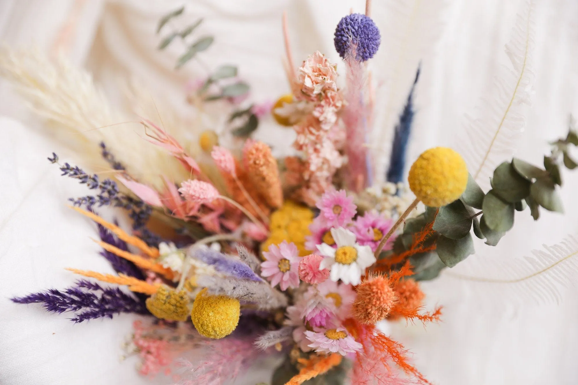 All Pastel Summer and Spring Wildflowers, Dried Daisies, Dried Craspedias, Dried Eucalyptus & Boho Bridal Bouquet Meadow Flowers