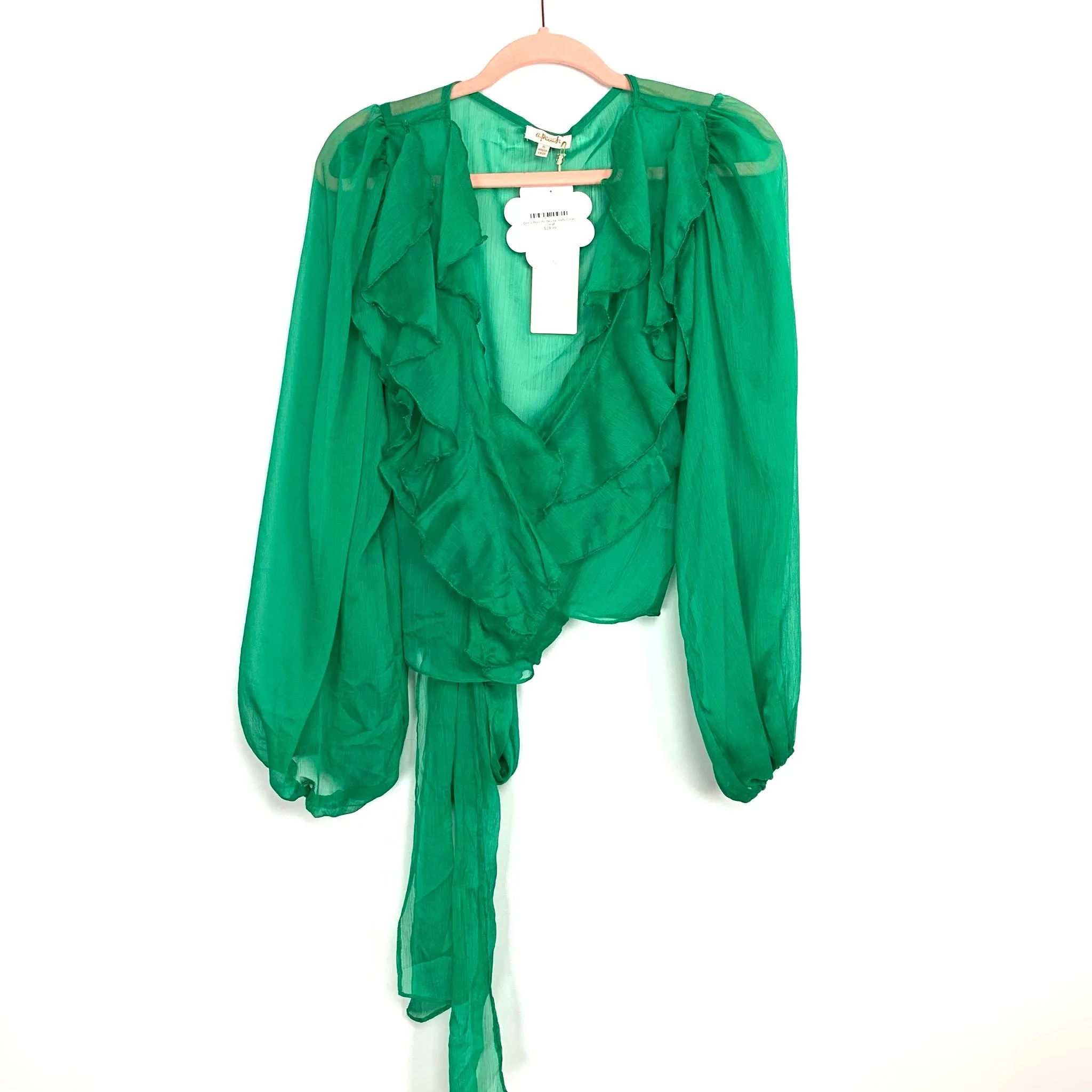 A.Peach Kelly Green Come Find Me Sheer Wrap Blouse NWT- Size S