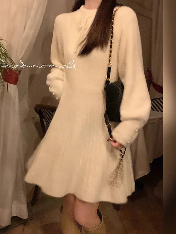 Autumn Knitted Sweater Dress Women Korean Fashion Kpop Knit Wram Wrap Long Sleeve Short Dresses Solid Winter