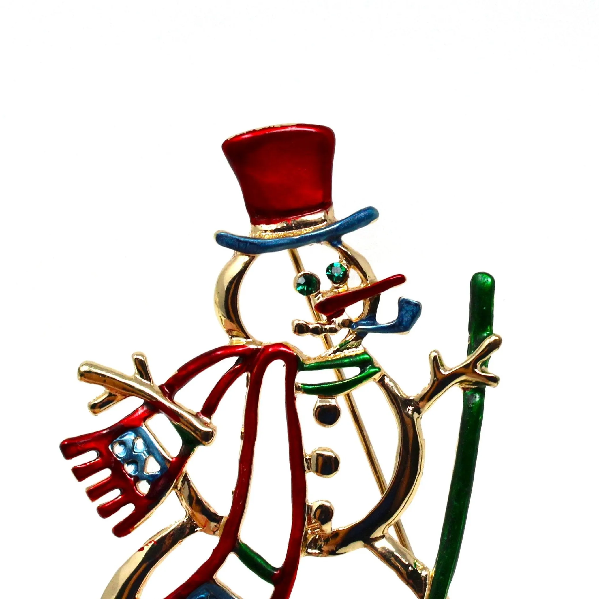 Brooch / Pin, Christmas Holiday Snowman with Broom, Rhinestones & Enamel Gold-Tone