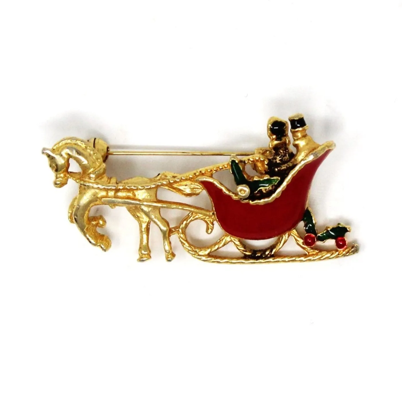 Brooch / Pin, Gerry, Christmas Horse Drawn Sleigh Red Enamel & Gold Tone, Vintage