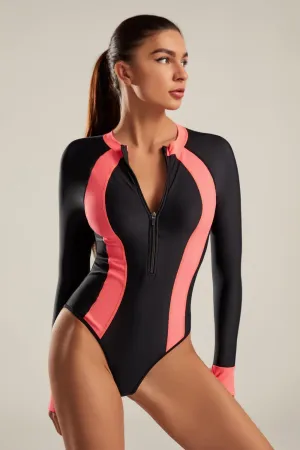 Contrast Zip Up Long Sleeve One-Piece Swimsuit