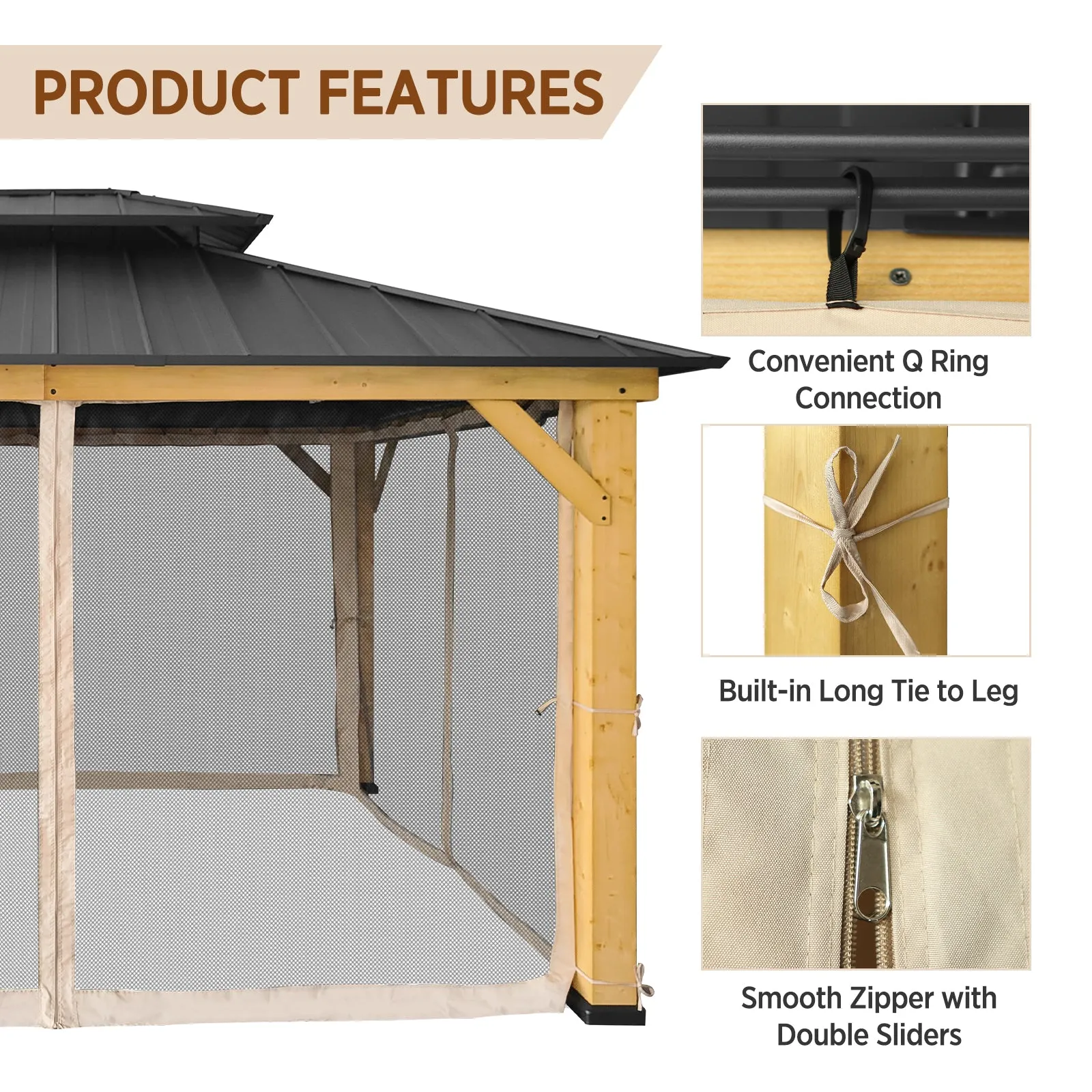 EAGLE PEAK Gazebo Replacement Mosquito Netting 10x12, 4-Panel Screen Sidewalls with Zipper, Black