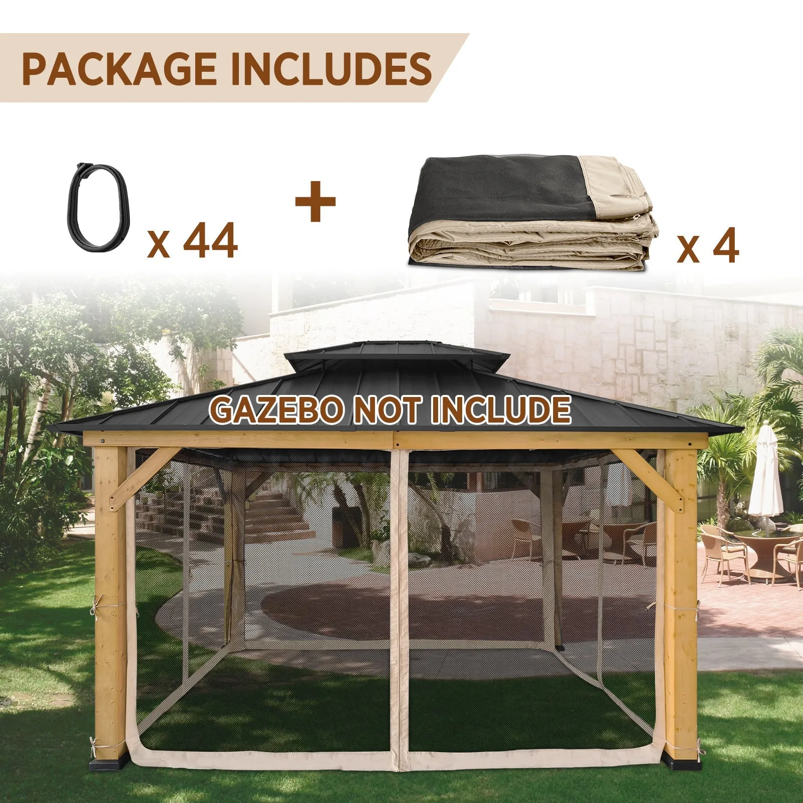 EAGLE PEAK Gazebo Replacement Mosquito Netting 10x12, 4-Panel Screen Sidewalls with Zipper, Black