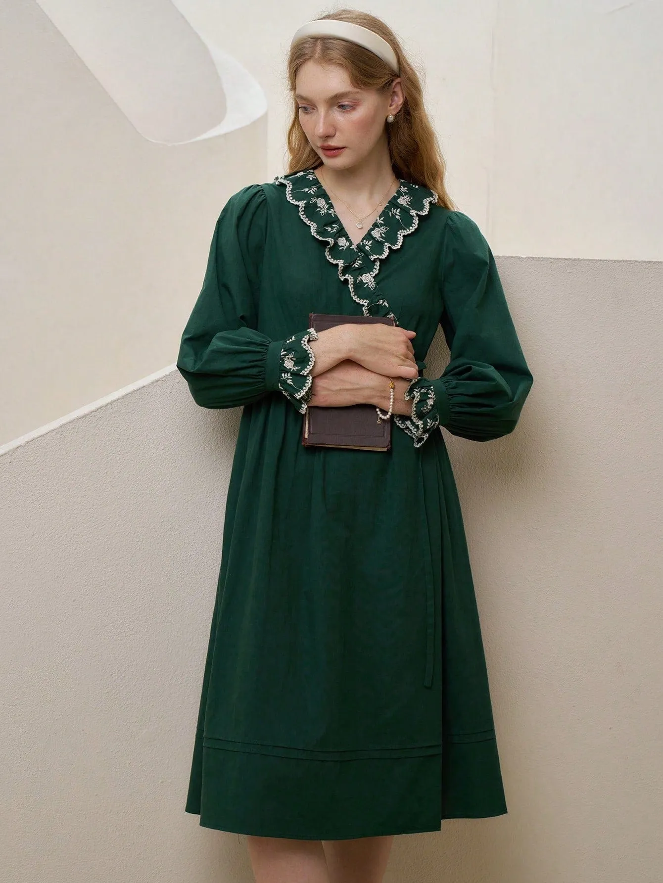 Emeraldine Green Floral Embroidery Ruffle Trim Knot Side Wrap Dress