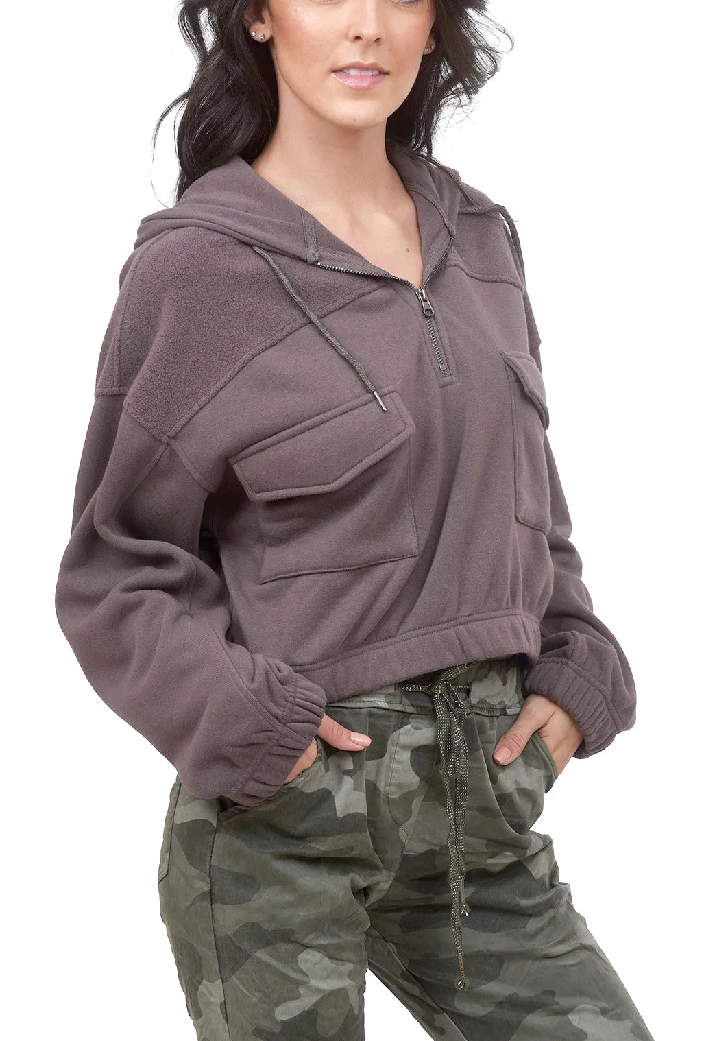 Flap-Pocket Cropped Hoodie, Aubergine