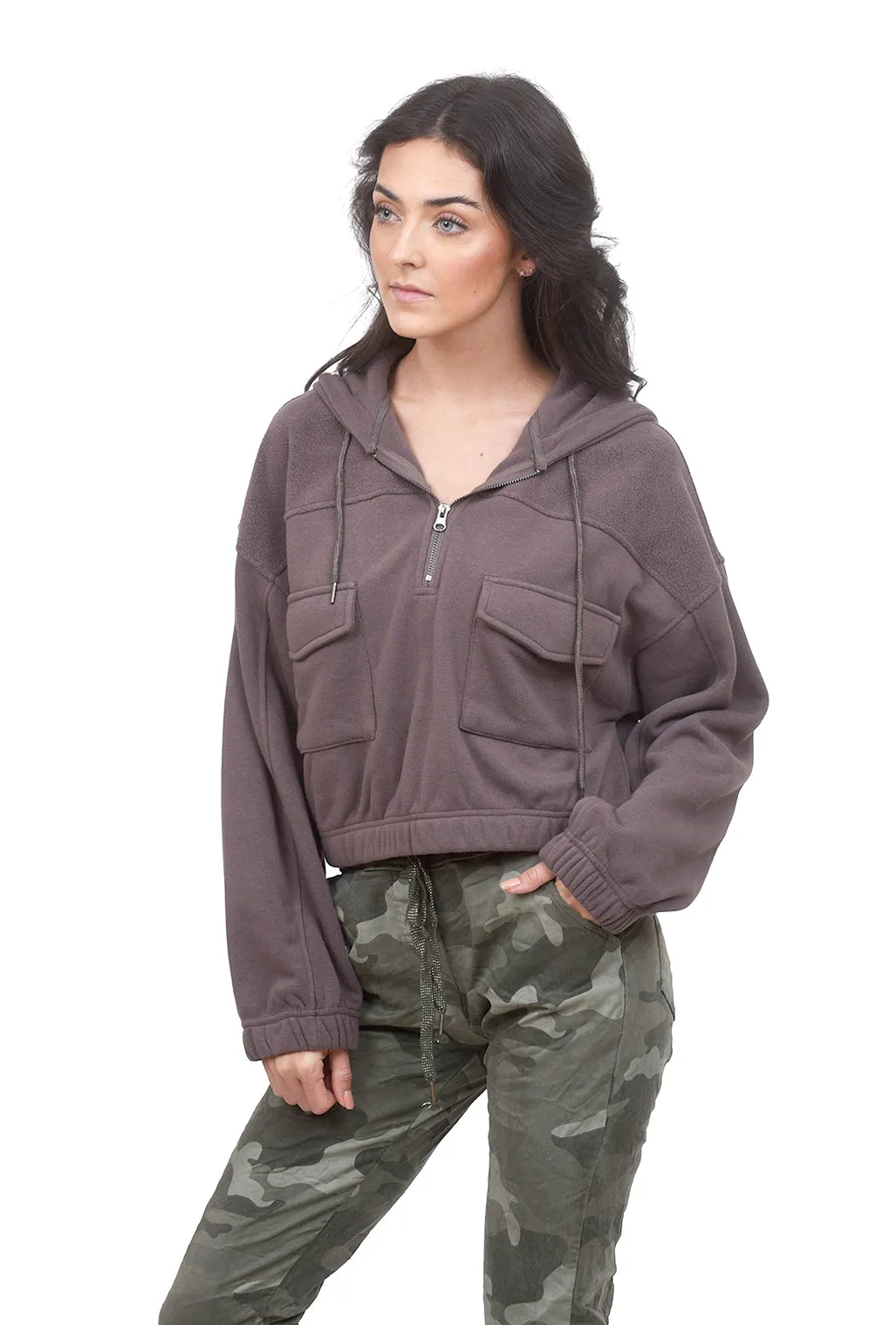 Flap-Pocket Cropped Hoodie, Aubergine