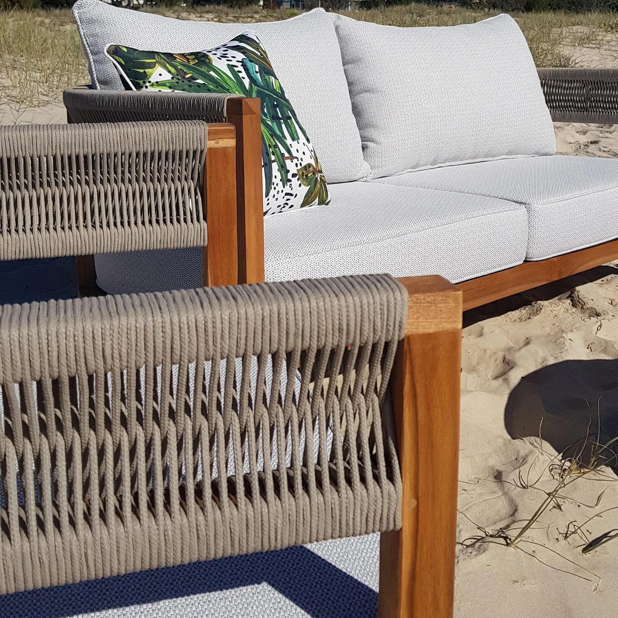 FLOOR STOCK - Pacific 3 Seater in Premium Natural Teak and Stone Check Sunproof All Weather Fabric