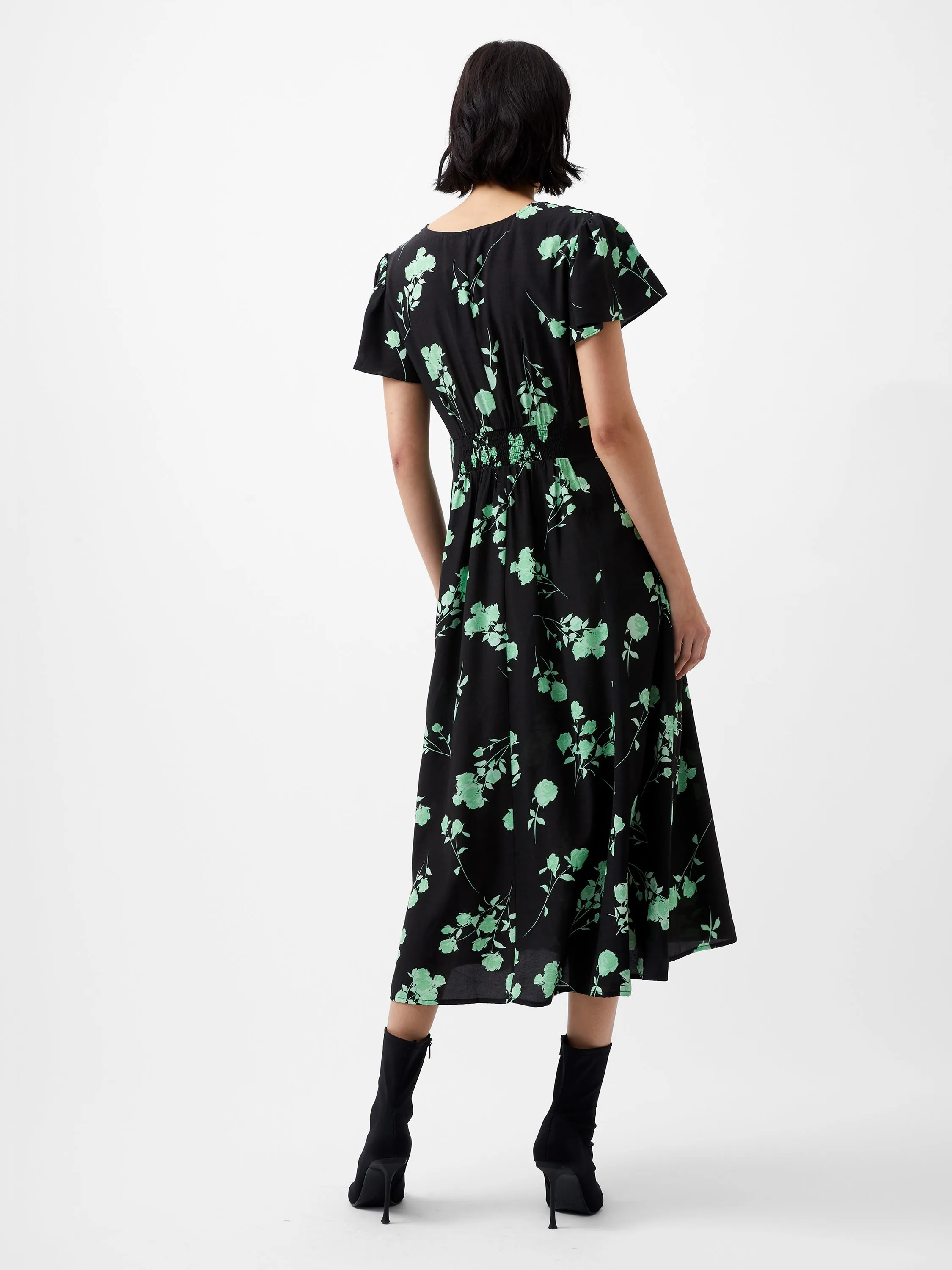 French Connection Alesandra Delph S/S V Neck Dress-Blackout/Green-71XFX