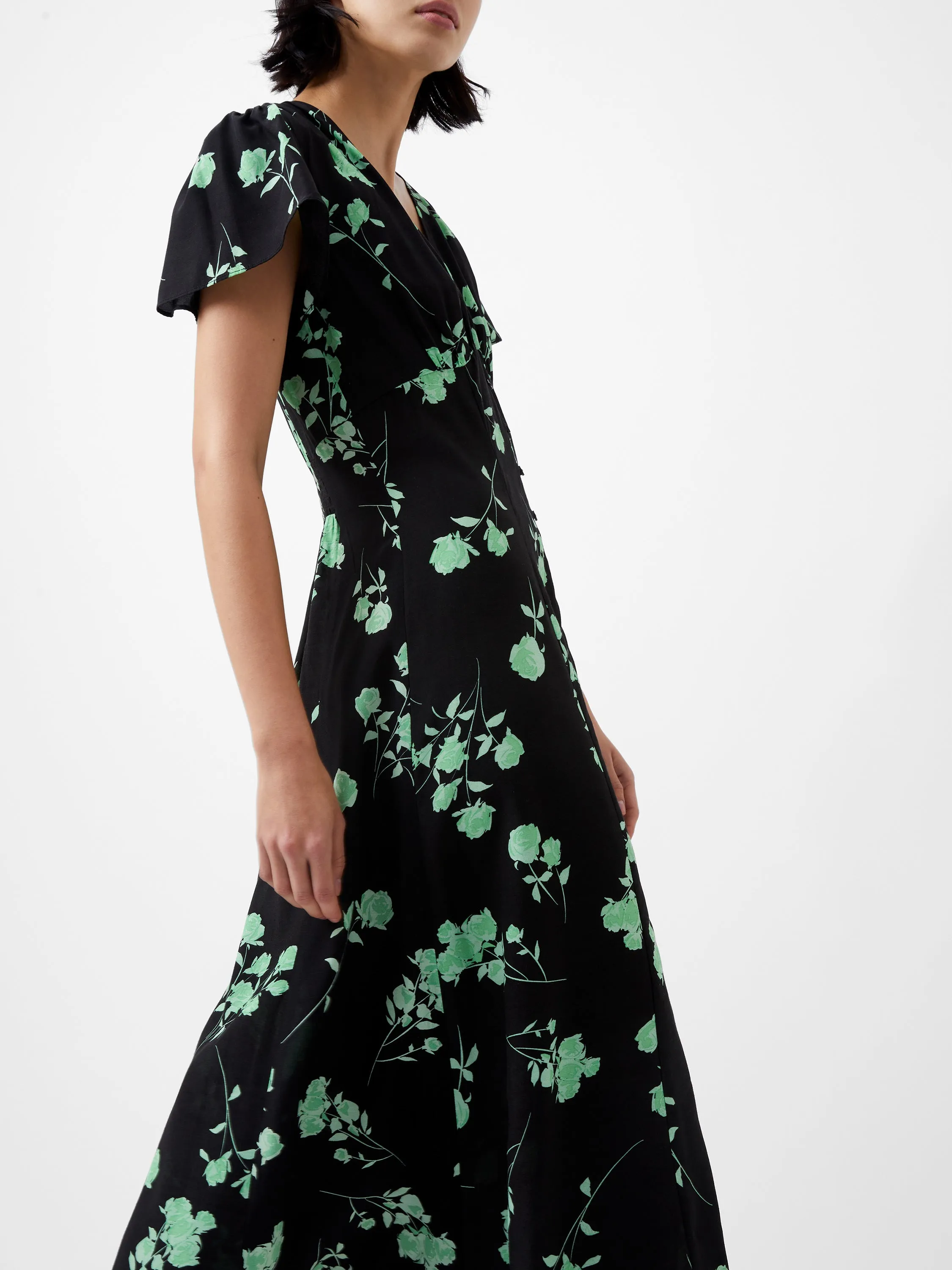 French Connection Alesandra Delph S/S V Neck Dress-Blackout/Green-71XFX