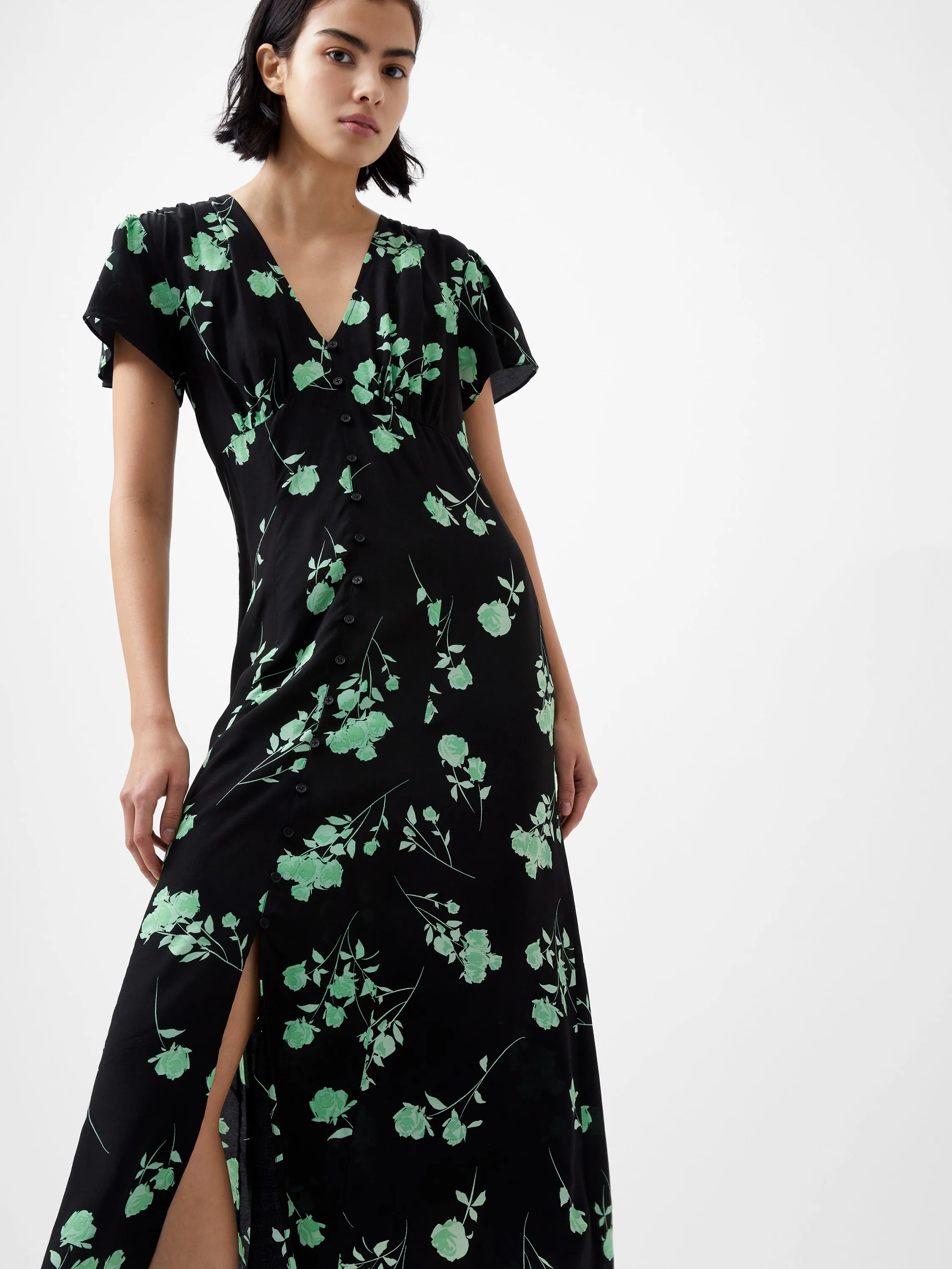 French Connection Alesandra Delph S/S V Neck Dress-Blackout/Green-71XFX