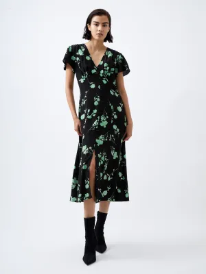 French Connection Alesandra Delph S/S V Neck Dress-Blackout/Green-71XFX