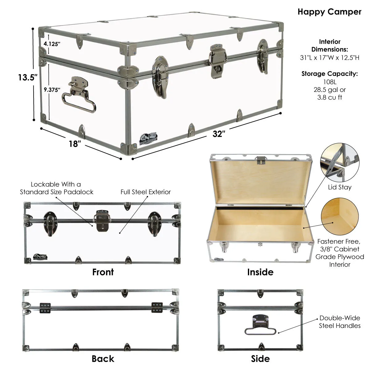 Happy Camper Steel Footlocker Trunk 32x18x13.5" doogma doogma