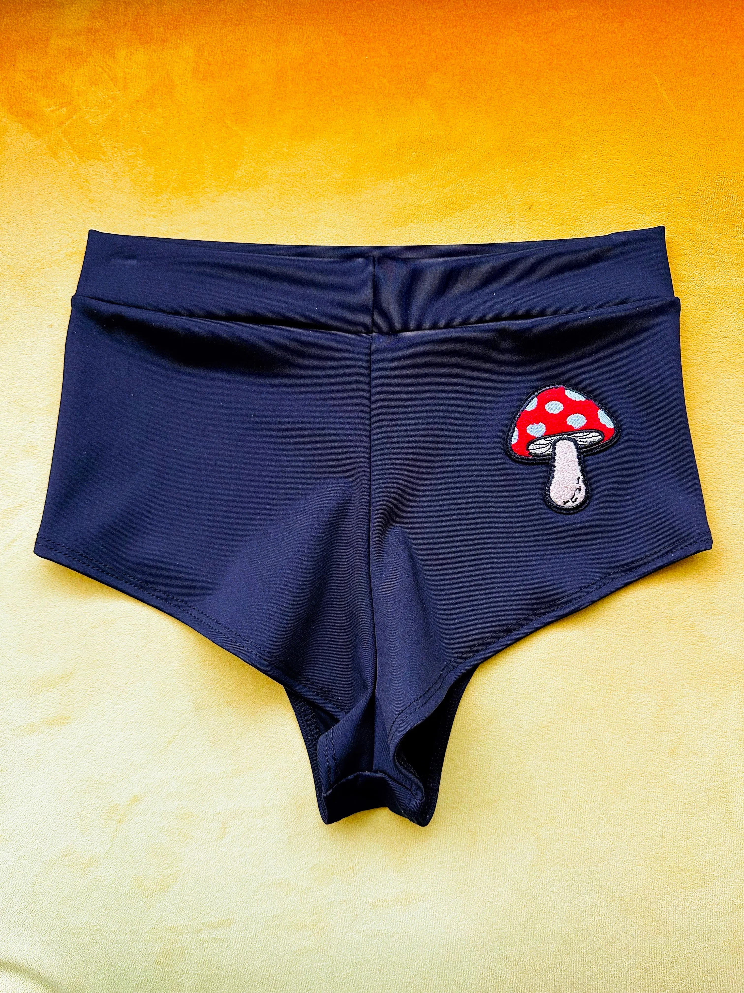 Highwaist Cheeky Shorts in Stretch Lycra with Mushroom Patch