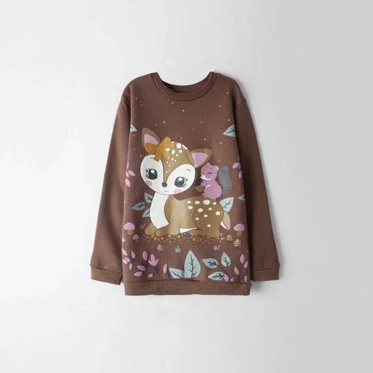 IN - Girls 'Brown' Animal Printed Fleece Sweatshirt IN438