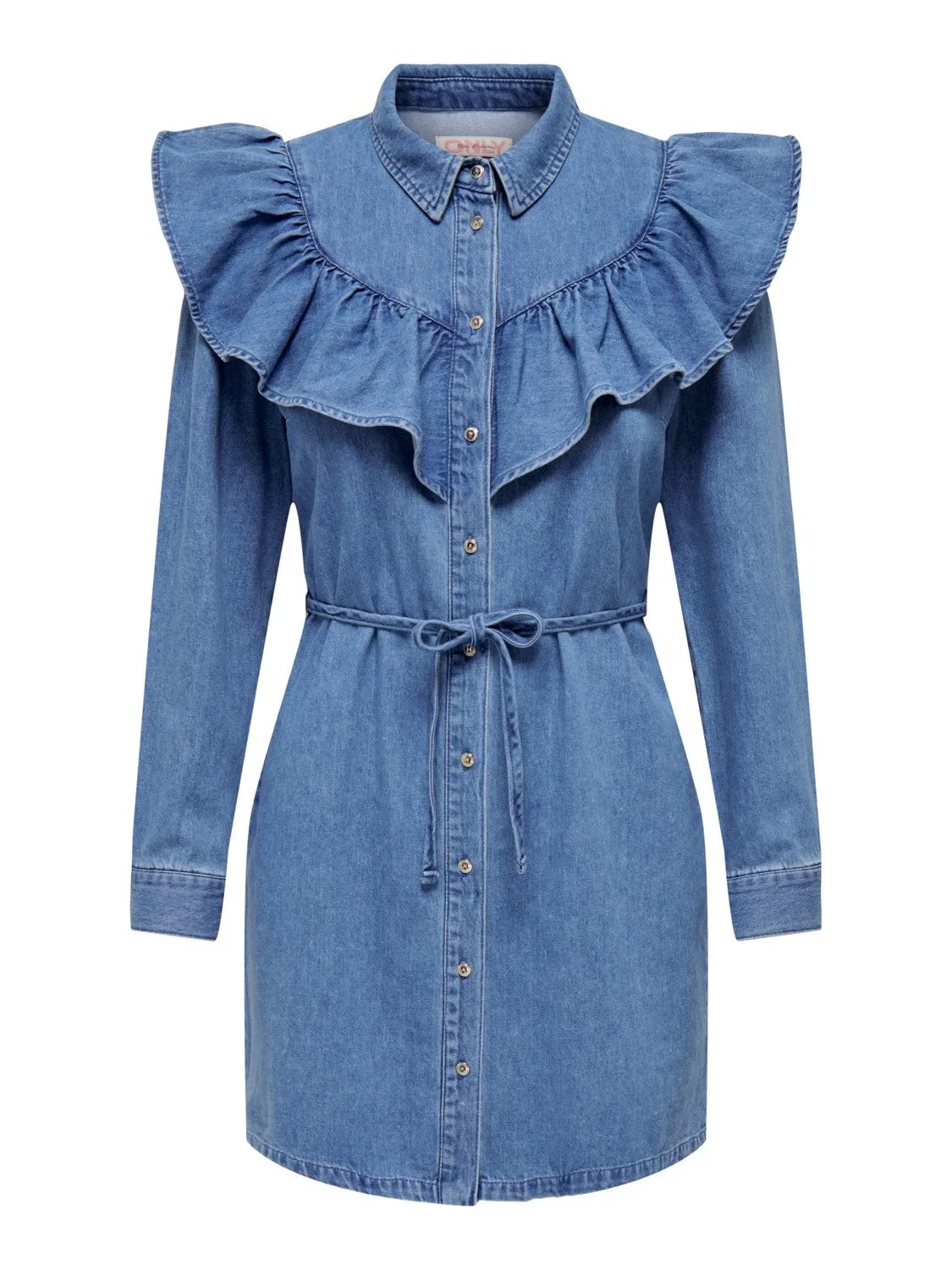 Indigo Denim Ruffle Detail Mini Dress