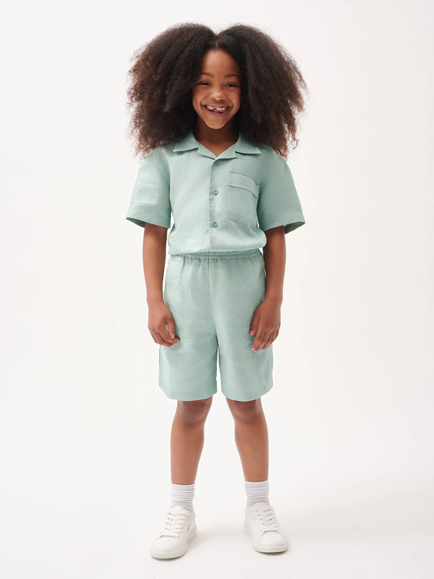 Kids' DNA Aloe Linen Long Shorts—eucalyptus blue