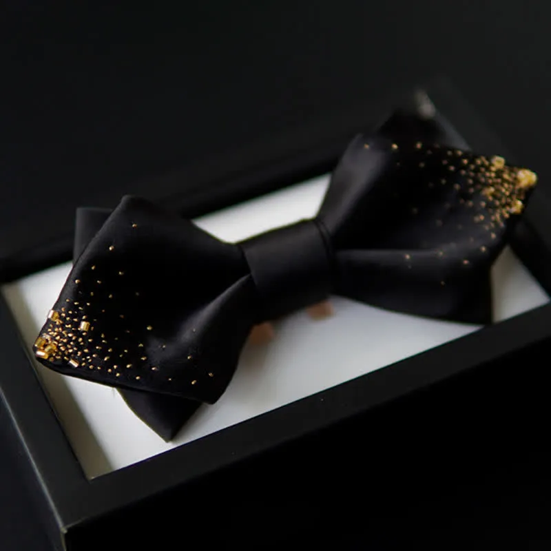 Men's Black Gold Wire Double Layers Pointy Bow Tie