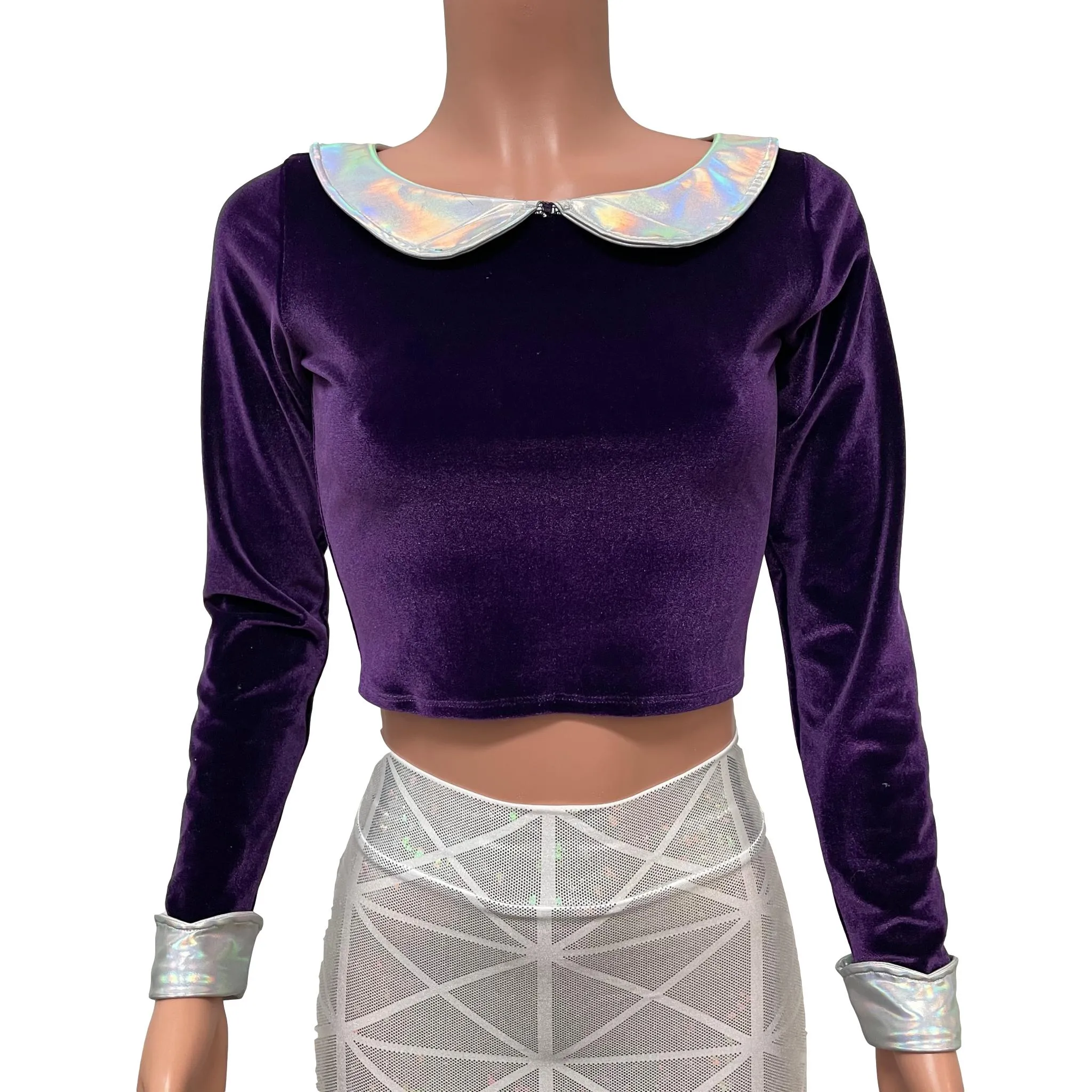 Purple Velvet Collared Crop Top