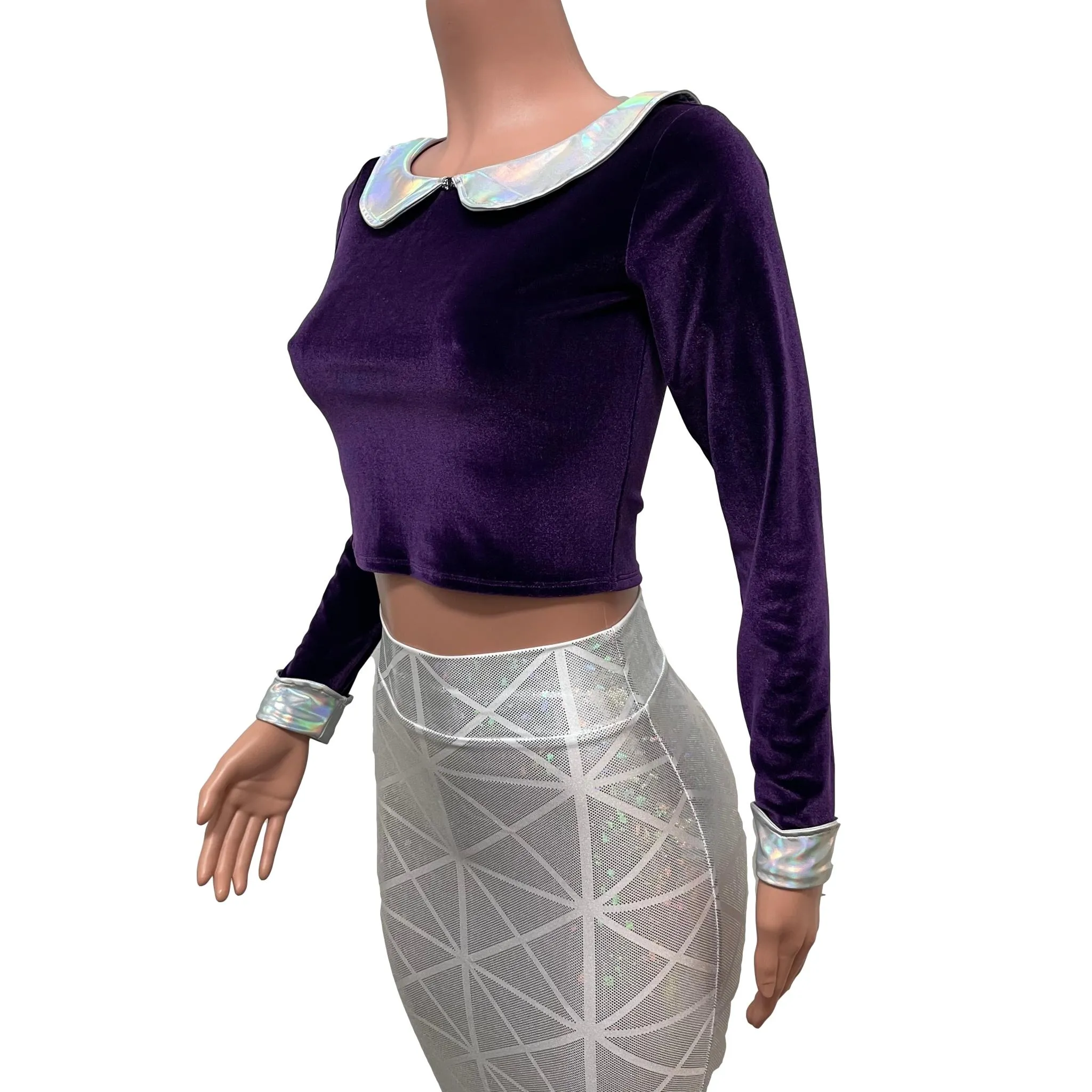 Purple Velvet Collared Crop Top