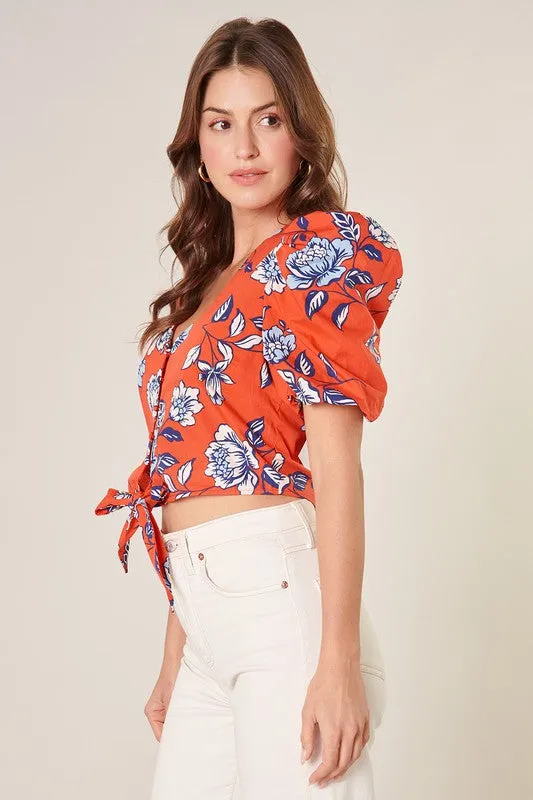 Red and Blue Floral Print Crop Blouse