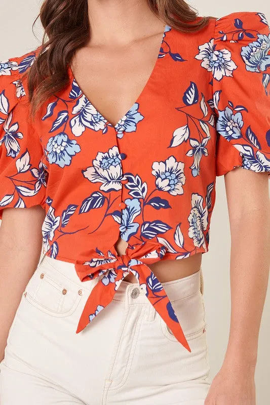 Red and Blue Floral Print Crop Blouse