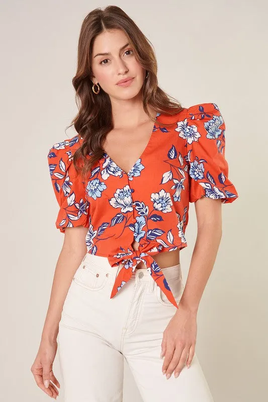 Red and Blue Floral Print Crop Blouse