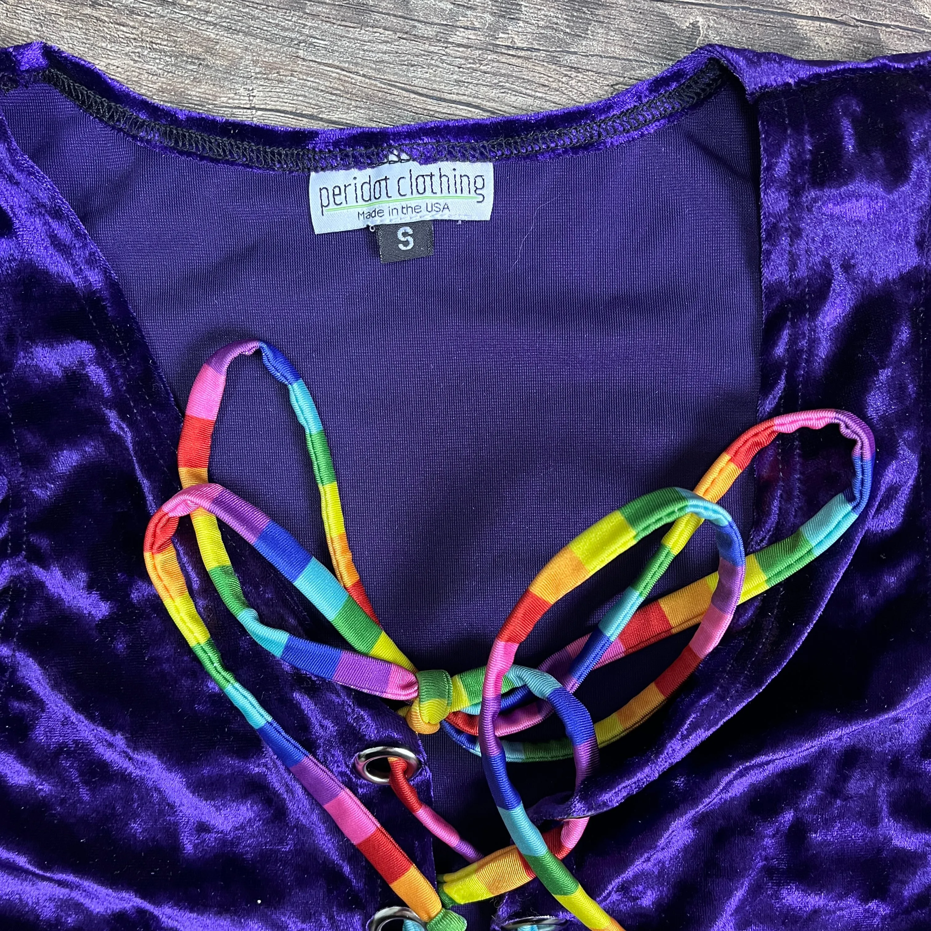 SALE - SMALL - Lace-Up Crop Top - Purple Crushed Velvet & Rainbow