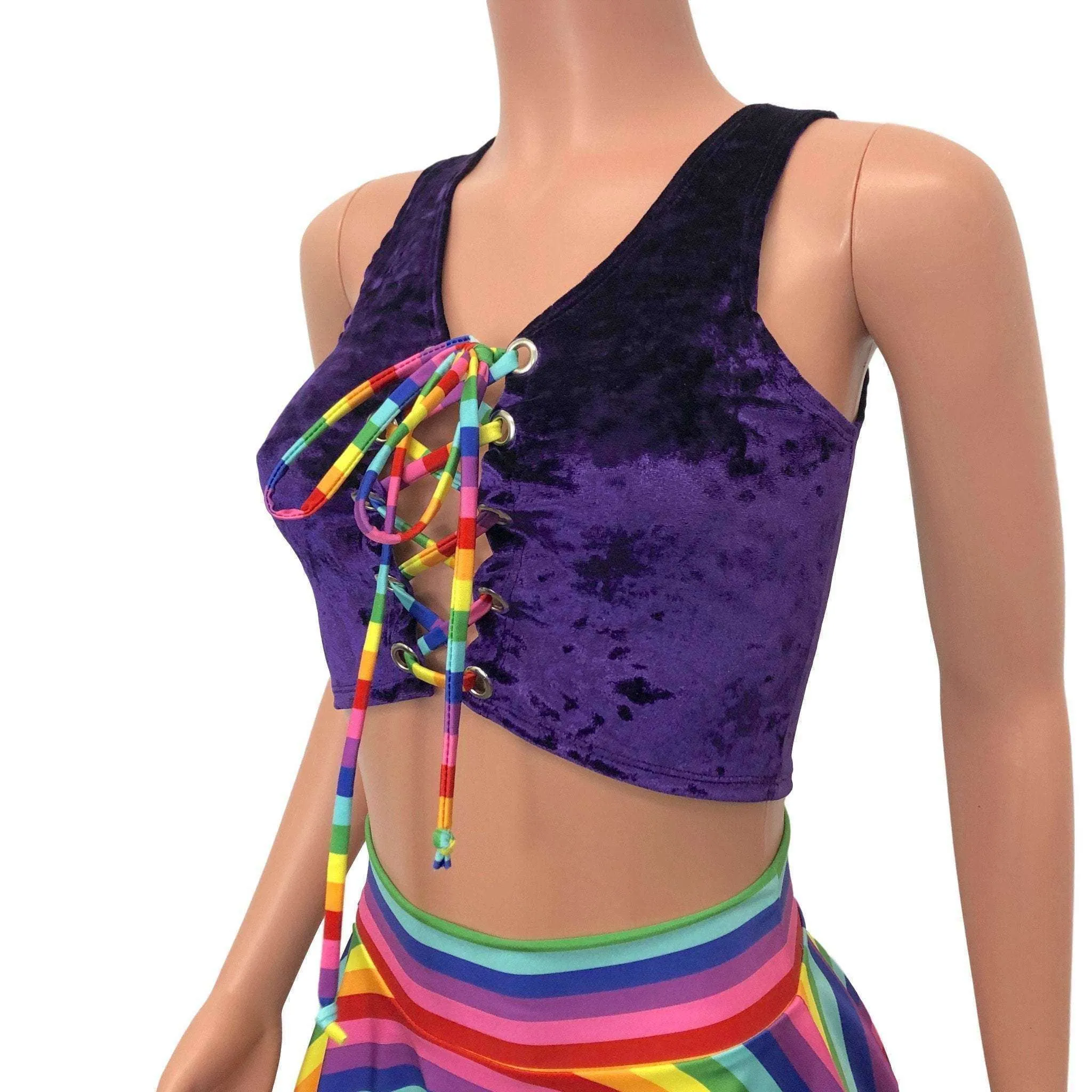 SALE - SMALL - Lace-Up Crop Top - Purple Crushed Velvet & Rainbow