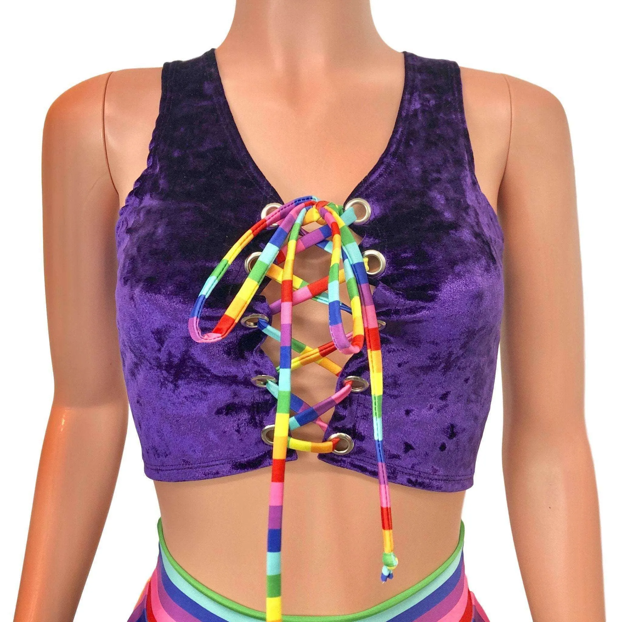 SALE - SMALL - Lace-Up Crop Top - Purple Crushed Velvet & Rainbow