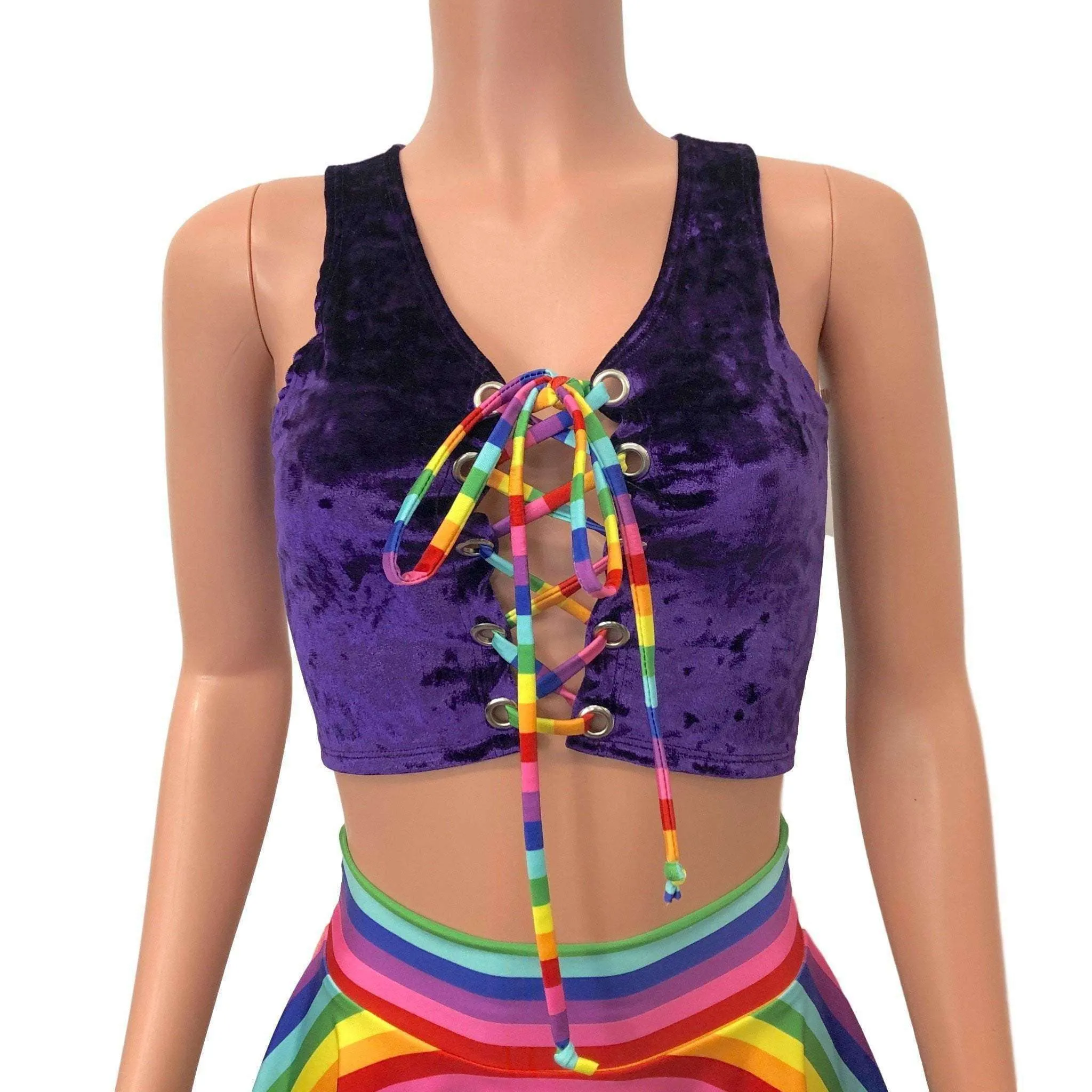 SALE - SMALL - Lace-Up Crop Top - Purple Crushed Velvet & Rainbow