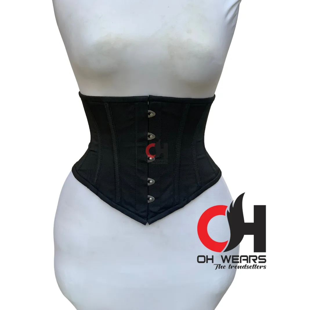 Victorian Black Cotton Underbust Corset - Double Row Steel Boned